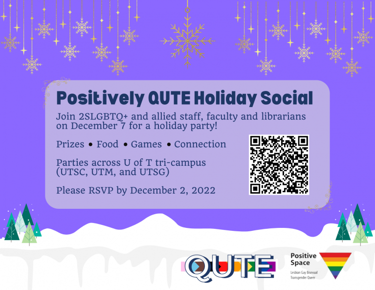 Soft purple background with snowflakes, snow banks, and wintery trees. This is a simple invitation card with a description of the event: 