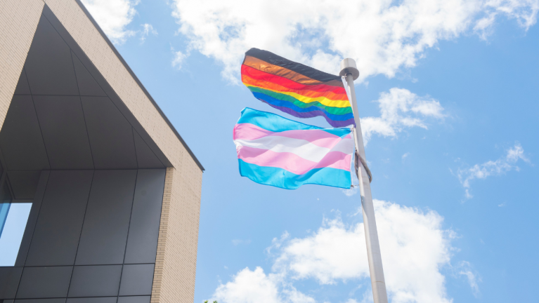 The 8-colour Pride Flag (black, brown, red, orange, yellow, green, blue, purple) and the Trans Pride flag (blue, pink, white) are waving in the wind in front of a blue cloudy sky at UTSC.